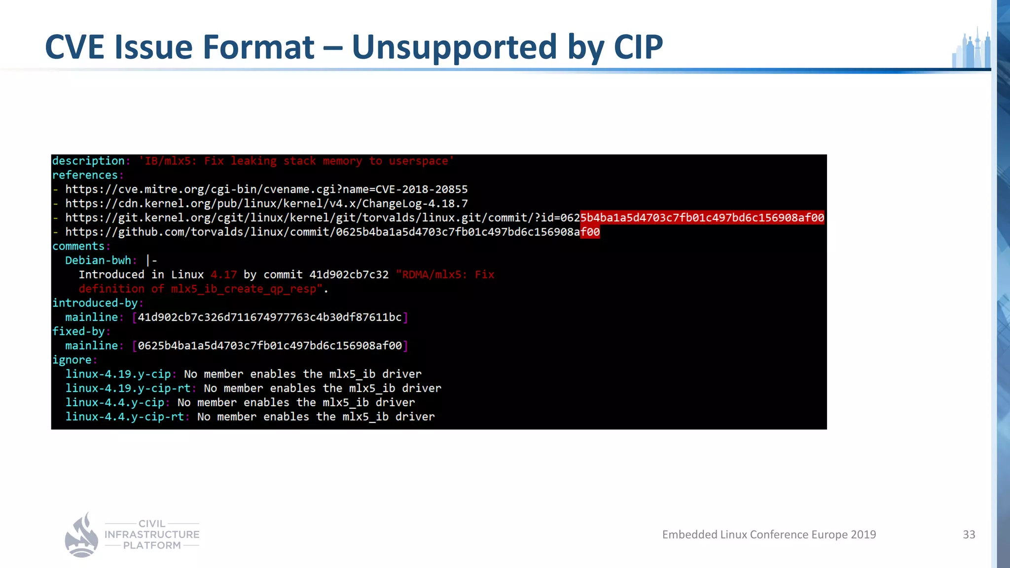 CVE Issue Format – Unsupported by CIP
Embedded Linux Conference Europe 2019 33
 
