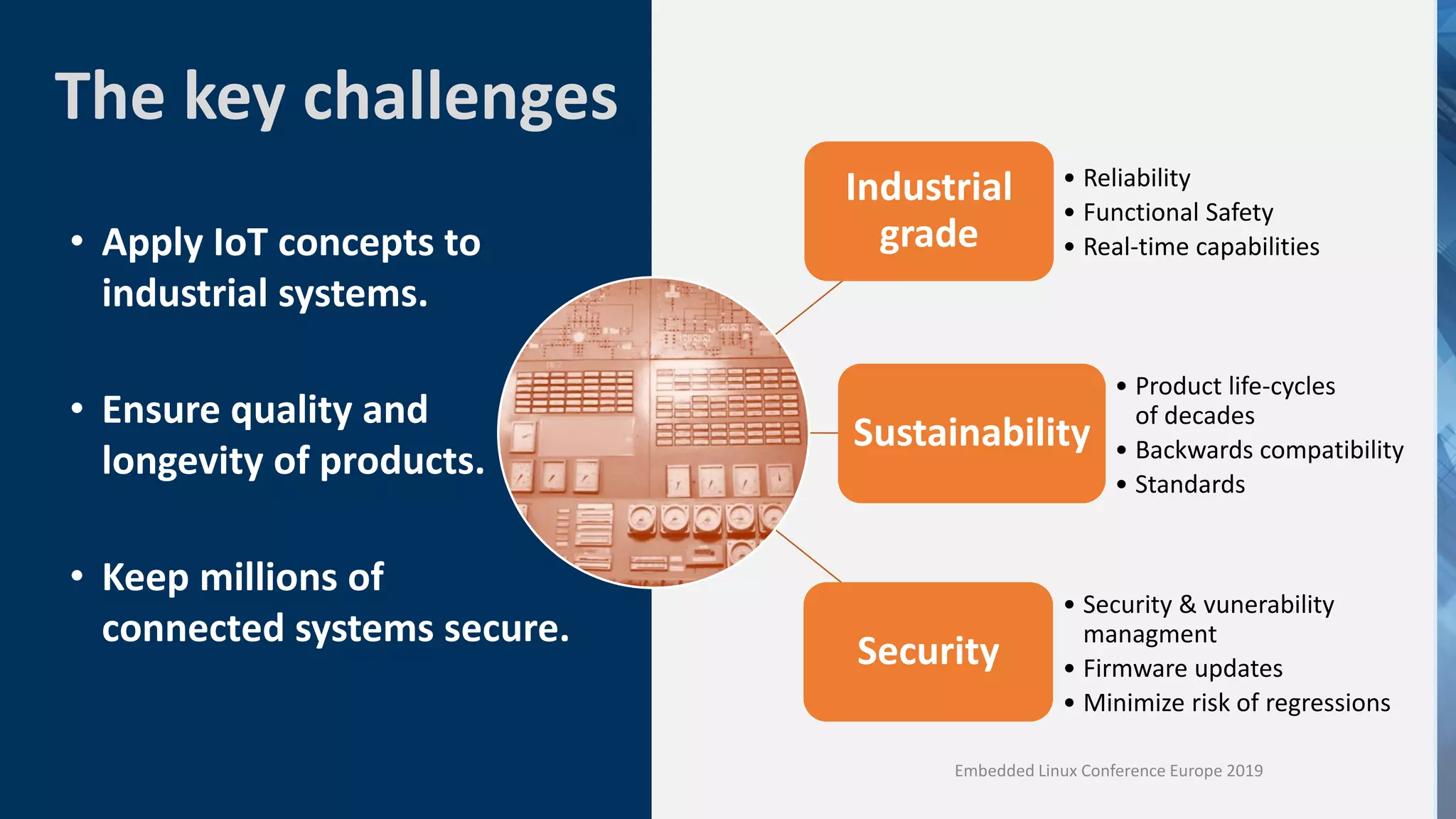 The key challenges
Industrial
grade
Sustainability
Security
• Apply IoT concepts to
industrial systems.
• Ensure quality and
longevity of products.
• Keep millions of
connected systems secure.
• Product life-cycles
of decades
• Backwards compatibility
• Standards
• Reliability
• Functional Safety
• Real-time capabilities
• Security & vunerability
managment
• Firmware updates
• Minimize risk of regressions
Embedded Linux Conference Europe 2019
 