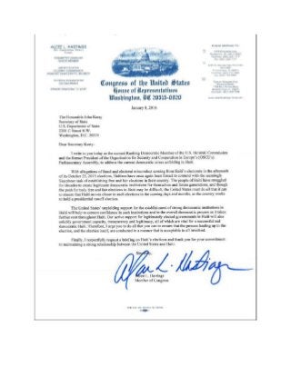 Le Député Alcee Hastings représentant le 20th congressional district de la Floride écrit à John Kerry au sujet de la crise électorale en Haïti