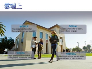 MOBILE                 SOCIAL
                           Rich secure collaboration           Learning networks to locate,
                           from any device, any location       connect and engage




                                         VISUAL                       VIRTUAL
                High quality video available
                                                           Hosted applications, voice & video
                everywhere; real-time & offline
                                                           Interaction with VDI economics



© 2012 Cisco and/or its affiliates. All rights reserved.                              Cisco Confidential   11
 