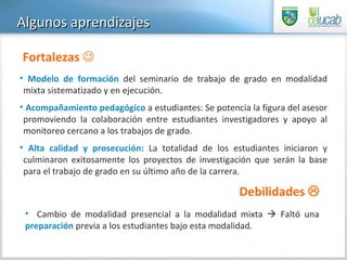 Algunos aprendizajes Modelo  de formación  del seminario de trabajo de grado en modalidad mixta sistematizado y en ejecución.  Acompañamiento pedagógico  a estudiantes: Se potencia la figura del asesor promoviendo la colaboración entre estudiantes investigadores y apoyo al monitoreo cercano a los trabajos de grado. Alta calidad y prosecución:  La totalidad de los estudiantes iniciaron y culminaron exitosamente los proyectos de investigación que serán la base para el trabajo de grado en su último año de la carrera. Fortalezas   Cambio  de modalidad presencial a la modalidad mixta    Faltó una  preparación  previa a los estudiantes bajo esta modalidad. Debilidades   