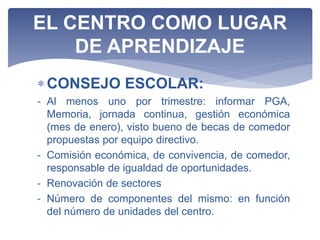 CONSEJO ESCOLAR:
- Al menos uno por trimestre: informar PGA,
Memoria, jornada continua, gestión económica
(mes de enero), visto bueno de becas de comedor
propuestas por equipo directivo.
- Comisión económica, de convivencia, de comedor,
responsable de igualdad de oportunidades.
- Renovación de sectores
- Número de componentes del mismo: en función
del número de unidades del centro.
EL CENTRO COMO LUGAR
DE APRENDIZAJE
 