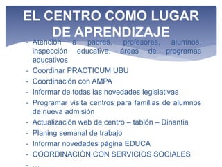 - Atención a padres, profesores, alumnos,
inspección educativa, áreas de programas
educativos
- Coordinar PRACTICUM UBU
- Coordinación con AMPA
- Informar de todas las novedades legislativas
- Programar visita centros para familias de alumnos
de nueva admisión
- Actualización web de centro – tablón – Dinantia
- Planing semanal de trabajo
- Informar novedades página EDUCA
- COORDINACIÓN CON SERVICIOS SOCIALES
EL CENTRO COMO LUGAR
DE APRENDIZAJE
 