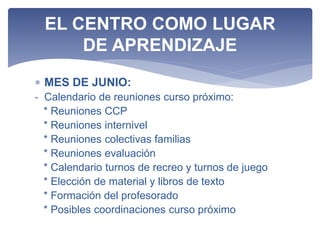  MES DE JUNIO:
- Calendario de reuniones curso próximo:
* Reuniones CCP
* Reuniones internivel
* Reuniones colectivas familias
* Reuniones evaluación
* Calendario turnos de recreo y turnos de juego
* Elección de material y libros de texto
* Formación del profesorado
* Posibles coordinaciones curso próximo
EL CENTRO COMO LUGAR
DE APRENDIZAJE
 