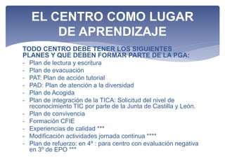 TODO CENTRO DEBE TENER LOS SIGUIENTES
PLANES Y QUE DEBEN FORMAR PARTE DE LA PGA:
- Plan de lectura y escritura
- Plan de evacuación
- PAT: Plan de acción tutorial
- PAD: Plan de atención a la diversidad
- Plan de Acogida
- Plan de integración de la TICA: Solicitud del nivel de
reconocimiento TIC por parte de la Junta de Castilla y León.
- Plan de convivencia
- Formación CFIE
- Experiencias de calidad ***
- Modificación actividades jornada continua ****
- Plan de refuerzo: en 4º : para centro con evaluación negativa
en 3º de EPO ***
EL CENTRO COMO LUGAR
DE APRENDIZAJE
 
