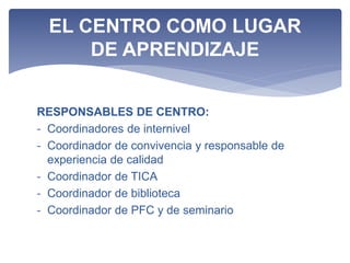 RESPONSABLES DE CENTRO:
- Coordinadores de internivel
- Coordinador de convivencia y responsable de
experiencia de calidad
- Coordinador de TICA
- Coordinador de biblioteca
- Coordinador de PFC y de seminario
EL CENTRO COMO LUGAR
DE APRENDIZAJE
 