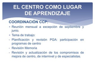 COORDINACIÓN CCP:
 Reunión mensual a excepción de septiembre y
junio.
 Tema de trabajo:
- Planificación y revisión PGA: participación en
programas de centro
- Revisión Memoria
- Revisión y actualización de los compromisos de
mejora de centro, de internivel y de especialistas.
EL CENTRO COMO LUGAR
DE APRENDIZAJE
 
