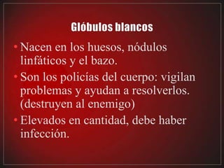 • Nacen en los huesos, nódulos
  linfáticos y el bazo.
• Son los policías del cuerpo: vigilan
  problemas y ayudan a resolverlos.
  (destruyen al enemigo)
• Elevados en cantidad, debe haber
  infección.
 