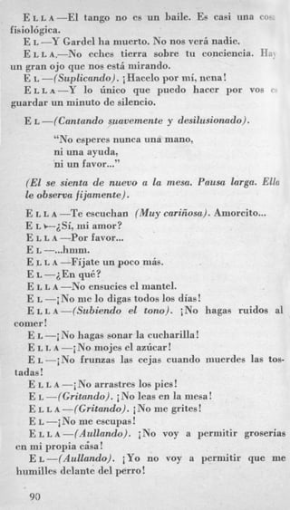 ELLA-El tango no es un baile. Es casi m a cos,
E L -Y Gardel ha muerto. No nos veri nadie.
E L L A.-No eches tierra sobre tu conciencia. Ha!
E L -(Suplicando). iHacelo por mi, nena!
ELLA-Y lo iinico que puedo hacer por vos ec
fisiolbgica.
un gran ojo que nos esti mirando.
guardar un minuto de silencio.
E L -(Cantando suauemente y desitusionado).
No esperes nunca una mano,L4
ni una ayuda,
n i un favor...”
(EL se sienta de nuevo a la mesa. Pausa larga. Ella
le observa fijamente).
E L L A -Te escuchan (Muy cariiiosa). Amorcito...
E L +iSi, mi amor?
E L L A -Por favor...
E L- -...hmm.
E L L A -Fijate un poco mis.
E L -4En quk?
E L L A -No ensucies el mantel.
E L -i No me lo digas todos 10s dias!
E L L A -(Subiendo el tono). iNo hagas ruidos a1
E L -i No hagas sonar la cucharilla!
E L L A -iNo mojes el aziicar!
E L - ~ N ~frunzas las cejas cuando muerdes las tos-
E L L A -i No arrastres 10spies!
E L -(Gritando). i No leas en la mesa!
E L L A -(Gritando). i No me grites!
E L -i No me escupas!
E L L A -(Aultando). i No voy a permitir groserias
E~-(AulLando). :Yo no voy a permitir que me
comer !
Ladas!
en mi propia caisa!
humilles delante del perro!
90
 
