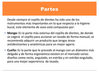 Partes 
Desde siempre el cepillo de dientes ha sido uno de los 
instrumentos más importantes en lo que respecta a la higiene 
bucal, este elemento de aseo está compuesto por: 
 Mango: Es la parte más extensa del cepillo de dientes, de donde 
se cogerá el cepillo para accionar un lavado de forma manual; se 
recomienda adquirir un producto que tengas áreas 
antideslizantes y anatómicas para un mejor agarre. 
 Cuello: Es la parte que le precede al mango con un diámetro más 
delgado y de forma ergonómica existen en el mercado varios 
diseños como recto, angulado, en estribo y en estribo-angulado, 
para una mejor experiencia de lavado. 
 