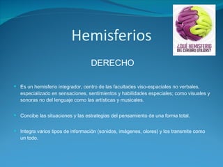 Hemisferios DERECHO Es un hemisferio integrador, centro de las facultades viso-espaciales no verbales, especializado en sensaciones, sentimientos y habilidades especiales; como visuales y sonoras no del lenguaje como las artísticas y musicales.  Concibe las situaciones y las estrategias del pensamiento de una forma total. Integra varios tipos de información (sonidos, imágenes, olores) y los transmite como un todo. 