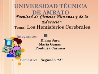 UNIVERSIDAD TÉCNICA DE AMBATO Integrantes: Diana Jara María Ganan Ponluisa Carmen Semestre :  Segundo  “A” Facultad de Ciencias Humanas y de la Educación Tema : Los Hemisferios Cerebrales 