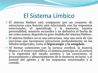 El Sistema Límbico
 El sistema límbico está compuesto por un conjunto de
  estructuras cuya función está relacionada con las respuestas
  emocionales, el aprendizaje y la memoria; nuestra
  personalidad, nuestros recuerdos y en definitiva el hecho de
  ser como somos, depende en gran medida del sistema límbico.
 El sistema límbico no es una estructura, sino una serie de vías
  nerviosas que incorporan estructuras profundamente en los
  lóbulos temporales, como el hipocampo y la amígdala .
 Al formar conexiones con la corteza cerebral, la materia
  blanca y el tronco encefálico, el sistema participa en el control
  y la expresión del estado anímico y las emociones, el
  procesamiento y almacenamiento de la memoria reciente, y el
  control del apetito y de las respuestas emocionales a la
  comida.
 