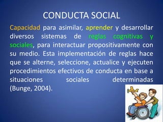 CONDUCTA SOCIAL
Capacidad para asimilar, aprender y desarrollar
diversos sistemas de reglas cognitivas y
sociales, para interactuar propositivamente con
su medio. Esta implementación de reglas hace
que se alterne, seleccione, actualice y ejecuten
procedimientos efectivos de conducta en base a
situaciones
sociales
determinadas
(Bunge, 2004).

 