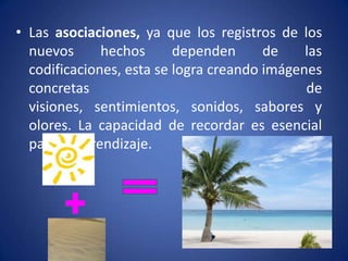 • Las asociaciones, ya que los registros de los
nuevos
hechos
dependen
de
las
codificaciones, esta se logra creando imágenes
concretas
de
visiones, sentimientos, sonidos, sabores y
olores. La capacidad de recordar es esencial
para el aprendizaje.

 