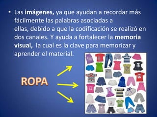 • Las imágenes, ya que ayudan a recordar más
fácilmente las palabras asociadas a
ellas, debido a que la codificación se realizó en
dos canales. Y ayuda a fortalecer la memoria
visual, la cual es la clave para memorizar y
aprender el material.

 