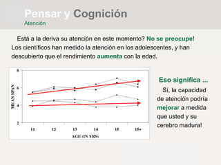 Está a la deriva su atención en este momento? No se preocupe!
Los científicos han medido la atención en los adolescentes, y han
descubierto que el rendimiento aumenta con la edad.
Eso significa ...
Sí, la capacidad
de atención podría
mejorar a medida
que usted y su
cerebro madura!
Pensar y Cognición
Atención
 
