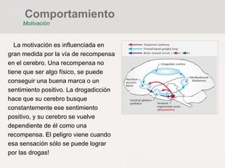 La motivación es influenciada en
gran medida por la vía de recompensa
en el cerebro. Una recompensa no
tiene que ser algo físico, se puede
conseguir una buena marca o un
sentimiento positivo. La drogadicción
hace que su cerebro busque
constantemente ese sentimiento
positivo, y su cerebro se vuelve
dependiente de él como una
recompensa. El peligro viene cuando
esa sensación sólo se puede lograr
por las drogas!
Comportamiento
Motivación
 