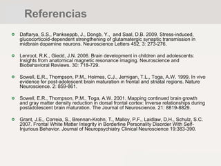 Daftarya, S.S., Pankseppb, J., Dongb, Y., and Saal, D.B. 2009. Stress-induced,
glucocorticoid-dependent strengthening of glutamatergic synaptic transmission in
midbrain dopamine neurons. Neuroscience Letters 452, 3: 273-276.
Lenroot, R.K., Giedd, J.N. 2006. Brain development in children and adolescents:
Insights from anatomical magnetic resonance imaging. Neuroscience and
Biobehavioral Reviews. 30: 718-729.
Sowell, E.R., Thompson, P.M., Holmes, C.J., Jernigan, T.L., Toga, A.W. 1999. In vivo
evidence for post-adolescent brain maturation in frontal and striatal regions. Nature
Neuroscience. 2: 859-861.
Sowell, E.R., Thompson, P.M., Toga, A.W. 2001. Mapping continued brain growth
and gray matter density reduction in dorsal frontal cortex: Inverse relationships during
postadolescent brain maturation. The Journal of Neuroscience. 21: 8819-8829.
Grant, J.E., Correia, S., Brennan-Krohn, T., Malloy, P.F., Laidlaw, D.H., Schulz, S.C.
2007. Frontal White Matter Integrity in Borderline Personality Disorder With Self-
Injurious Behavior. Journal of Neuropsychiatry Clinical Neuroscience 19:383-390.
Referencias
 