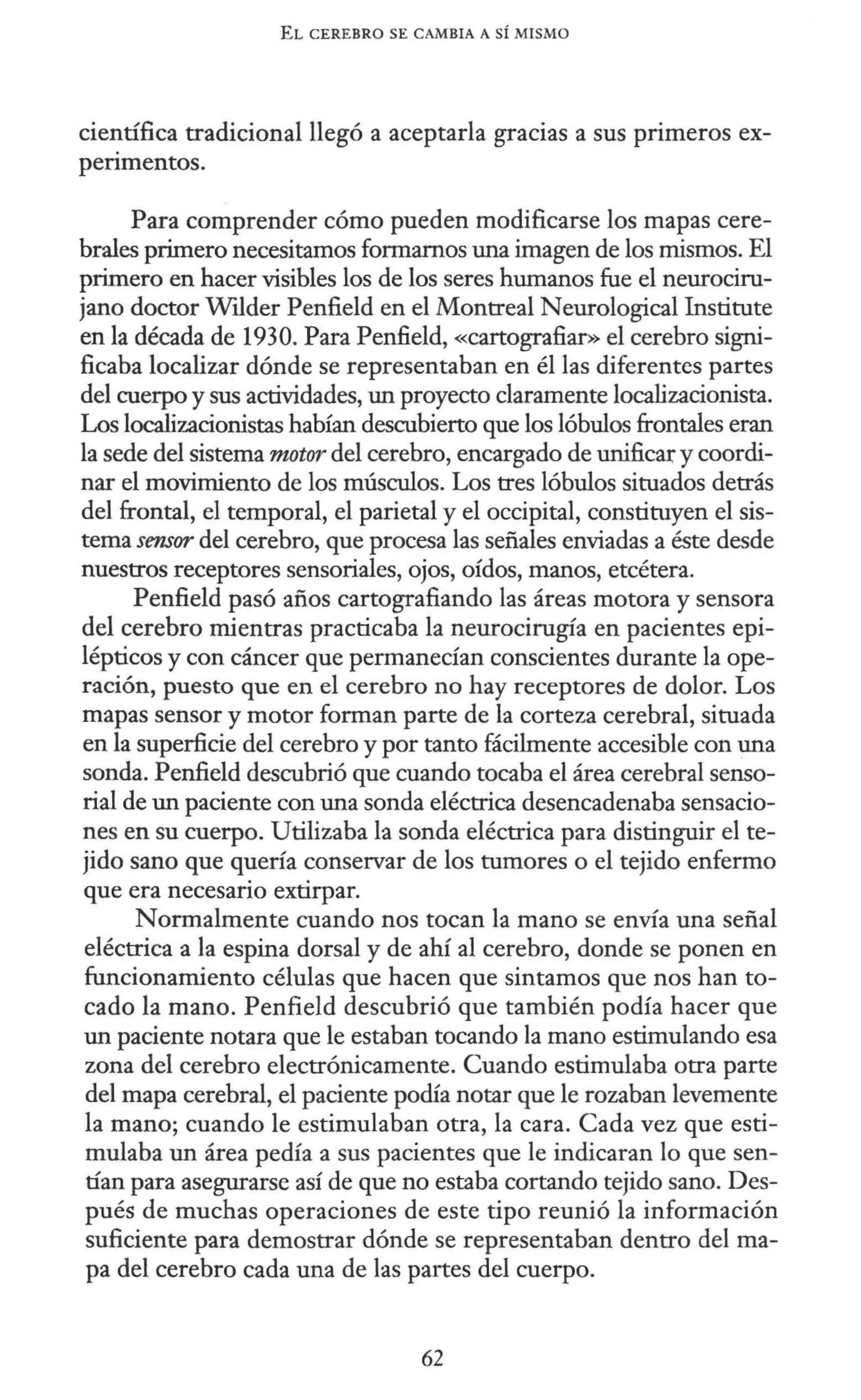 EL CEREBRO SE CAMBIA A SÍ MISMO
científica tradicional llegó a aceptarla gracias a sus primeros ex-
perimentos.
Para comprender cómo pueden modificarse los mapas cere-
brales primero necesitamos formarnos una imagen de los mismos. El
primero en hacer visibles los de los seres humanos fue el neurociru-
jano doctor Wtlder Penfield en el Montreal Neurological Institute
en la década de 1930. Para Penfield, «cartografiar>> el cerebro signi-
ficaba localizar dónde se representaban en él las diferentes partes
del cuerpo y sus actividades, un proyecto claramente localizacionista.
Los localizacionistas habían descubierto que los lóbulos frontales eran
la sede del sistema motor del cerebro, encargado de unifica!," y coordi-
nar el movimiento de los músculos. Los tres lóbulos situados detrás
del frontal, el temporal, el parietal y el occipital, constituyen el sis-
tema sensor del cerebro, que procesa las señales enviadas a éste desde
nuestros receptores sensoriales, ojos, oídos, manos, etcétera.
Penfield pasó años cartografiando las áreas motora y sensora
del cerebro mientras practicaba la neurocirugía en pacientes epi-
lépticos y con cáncer que permanecían conscientes durante la ope-
ración, puesto que en el cerebro no hay receptores de dolor. Los
mapas sensor y motor forman parte de la corteza cerebral, situada
en la superficie del cerebro y por tanto fácilmente accesible con una
sonda. Penfield descubrió que cuando tocaba el área cerebral senso-
rial de un paciente con una sonda eléctrica desencadenaba sensacio-
nes en su cuerpo. Utilizaba la sonda eléctrica para distinguir el te-
jido sano que quería conservar de los tumores o el tejido enfermo
que era necesario extirpar.
Normalmente cuando nos tocan la mano se envía una señal
eléctrica a la espina dorsal y de ahí al cerebro, donde se ponen en
funcionamiento células que hacen que sintamos que nos han to-
cado la mano. Penfield descubrió que también podía hacer que
un paciente notara que le estaban tocando la mano estimulando esa
zona del cerebro electrónicamente. Cuando estimulaba otra parte
del mapa cerebral, el paciente podía notar que le rozaban levemente
la mano; cuando le estimulaban otra, la cara. Cada vez que esti-
mulaba un área pedía a sus pacientes que le indicaran lo que sen-
tían para asegurarse así de que no estaba cortando tejido sano. Des-
pués de muchas operaciones de este tipo reunió la información
suficiente para demostrar dónde se representaban dentro del ma-
pa del cerebro cada una de las partes del cuerpo.
62
 