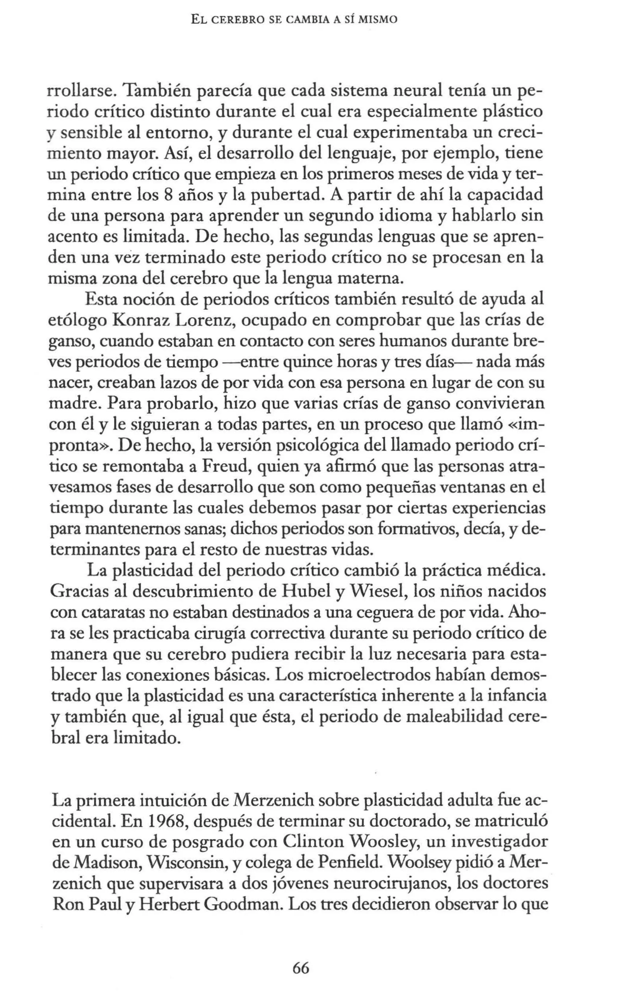 EL CEREBRO SE CAMBIA A SÍ MISMO
rrollarse. También parecía que cada sistema neural tenía un pe-
riodo crítico distinto durante el cual era especialmente plástico
y sensible al entorno, y durante el cual experimentaba un creci-
miento mayor. Así, el desarrollo del lenguaje, por ejemplo, tiene
un periodo crítico que empieza en los primeros meses de vida y ter-
mina entre los 8 años y la pubertad. A partir de ahí la capacidad
de una persona para aprender un segundo idioma y hablarlo sin
acento es limitada. De hecho, las segundas lenguas que se apren-
den una vez terminado este periodo crítico no se procesan en la
misma zona del cerebro que la lengua materna.
Esta noción de periodos críticos también resultó de ayuda al
etólogo Konraz Lorenz, ocupado en comprobar que las crías de
ganso, cuando estaban en contacto con seres humanos durante bre-
ves periodos de tiempo --entre quince horas y tres días- nada más
nacer, creaban lazos de por vida con esa persona en lugar de con su
madre. Para probarlo, hizo que varias crías de ganso convivieran
con él y le siguieran a todas partes, en un proceso que llamó «im-
pronta». De hecho, la versión psicológica del llamado periodo crí-
tico se remontaba a Freud, quien ya afirmó que las personas atra-
vesamos fases de desarrollo que son como pequeñas ventanas en el
tiempo durante las cuales debemos pasar por ciertas experiencias
para mantenernos sanas; dichos periodos son formativos, decía, y de-
terminantes para el resto de nuestras vidas.
La plasticidad del periodo crítico cambió la práctica médica.
Gracias al descubrimiento de Hubel y Wiesel, los niños nacidos
con cataratas no estaban destinados a una ceguera de por vida. Aho-
ra se les practicaba cirugía correctiva durante su periodo crítico de
manera que su cerebro pudiera recibir la luz necesaria para esta-
blecer las conexiones básicas. Los microelectrodos habían demos-
trado que la plasticidad es una característica inherente a la infancia
y también que, al igual que ésta, el periodo de maleabilidad cere-
bral era limitado.
La primera intuición de Merzenich sobre plasticidad adulta fue ac-
cidental. En 1968, después de terminar su doctorado, se matriculó
en un curso de posgrado con Clinton Woosley, un investigador
de Madison, Wisconsin, y colega de Penfield. Woolsey pidió a Mer-
zenich que supervisara a dos jóvenes neurocirujanos, los doctores
Ron Paul y Herbert Goodman. Los tres decidieron observar lo que
66
 