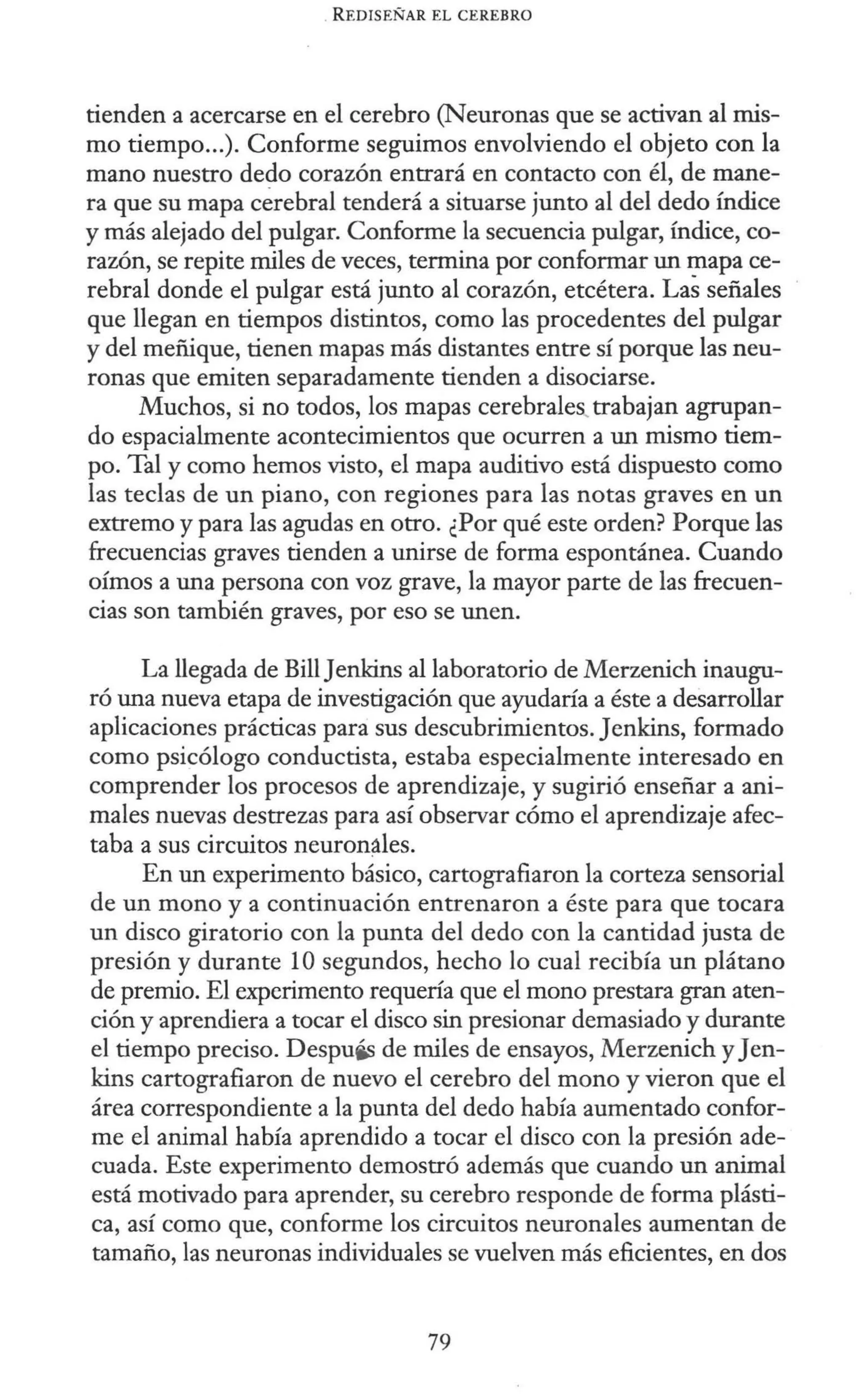 . REDIS EÑAR EL CEREBRO
tienden a acercarse en el cerebro (Neuronas que se activan al mis-
mo tiempo...). Conforme seguimos envolviendo el objeto con la
mano nuestro dedo corazón entrará en contacto con él, de mane-
ra que su mapa cerebral tenderá a situarse junto al del dedo índice
y más alejado del pulgar. Conforme la secuencia pulgar, índice, co-
razón, se repite miles de veces, termina por conformar un mapa ce-
rebral donde el pulgar está junto al corazón, etcétera. Las señales
que llegan en tiempos distintos, como las procedentes del pulgar
y del meñique, tienen mapas más distantes entre sí porque las neu-
ronas que emiten separadamente tienden a disociarse.
Muchos, si no todos, los mapas cerebrales..trabajan agrupan-
do espacialmente acontecimientos que ocurren a un mismo tiem-
po. Tal y como hemos visto, el mapa auditivo está dispuesto como
las teclas de un piano, con regiones para las notas graves en un
extremo y para las agudas en otro. ¿Por qué este orden? Porque las
frecuencias graves tienden a unirse de forma espontánea. Cuando
oímos a una persona con voz grave, la mayor parte de las frecuen-
cias son también graves, por eso se unen.
La llegada de Bill Jenkins al laboratorio de Merzenich inaugu-
ró una nueva etapa de investigación que ayudaría a éste a desarrollar
aplicaciones prácticas para sus descubrimientos. Jenkins, formado
como psicólogo conductista, estaba especialmente interesado en
comprender los procesos de aprendizaje, y sugirió enseñar a ani-
males nuevas destrezas para así observar cómo el aprendizaje afec-
taba a sus circuitos neuronáles.
En un experimento básico, cartografiaron la corteza sensorial
de un mono y a continuación entrenaron a éste para que tocara
un disco giratorio con la punta del dedo con la cantidad justa de
presión y durante 10 segundos, hecho lo cual recibía un plátano
de premio. El experimento requería que el mono prestara gran aten-
ción y aprendiera a tocar el disco sin presionar demasiado y durante
el tiempo preciso. Despuis de miles de ensayos, Merzenich yJen-
kins cartografiaron de nuevo el cerebro del mono y vieron que el
área correspondiente a la punta del dedo había aumentado confor-
me el animal había aprendido a tocar el disco con la presión ade-
cuada. Este experimento demostró además que cuando un animal
está motivado para aprender, su cerebro responde de forma plásti-
ca, así como que, conforme los circuitos neuronales aumentan de
tamaño, las neuronas individuales se vuelven más eficientes, en dos
79
 