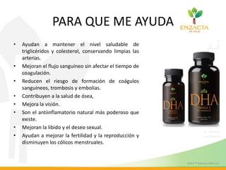 PARA QUE ME AYUDA
• Ayudan a mantener el nivel saludable de
triglicéridos y colesterol, conservando limpias las
arterias.
• Mejoran el flujo sanguíneo sin afectar el tiempo de
coagulación.
• Reducen el riesgo de formación de coágulos
sanguíneos, trombosis y embolias.
• Contribuyen a la salud de ósea,
• Mejora la visión.
• Son el antiinflamatorio natural más poderoso que
existe.
• Mejoran la libido y el deseo sexual.
• Ayudan a mejorar la fertilidad y la reproducción y
disminuyen los cólicos menstruales.
 
