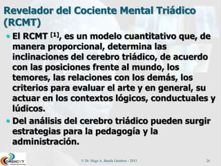 Revelador del Cociente Mental Triádico
(RCMT)
 El RCMT [1], es un modelo cuantitativo que, de
manera proporcional, determina las
inclinaciones del cerebro triádico, de acuerdo
con las posiciones frente al mundo, los
temores, las relaciones con los demás, los
criterios para evaluar el arte y en general, su
actuar en los contextos lógicos, conductuales y
lúdicos.
 Del análisis del cerebro triádico pueden surgir
estrategias para la pedagogía y la
administración.
© Dr. Hugo A. Banda Gamboa - 2015 26
 