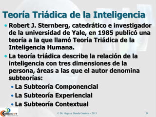 Teoría Triádica de la Inteligencia
 Robert J. Sternberg, catedrático e investigador
de la universidad de Yale, en 1985 publicó una
teoría a la que llamó Teoría Triádica de la
Inteligencia Humana.
 La teoría triádica describe la relación de la
inteligencia con tres dimensiones de la
persona, áreas a las que el autor denomina
subteorías:
 La Subteoría Componencial
 La Subteoría Experiencial
 La Subteoría Contextual
© Dr. Hugo A. Banda Gamboa - 2015 34
 