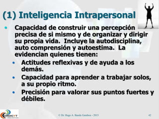 (1) Inteligencia Intrapersonal
 Capacidad de construir una percepción
precisa de si mismo y de organizar y dirigir
su propia vida. Incluye la autodisciplina,
auto comprensión y autoestima. La
evidencian quienes tienen:
 Actitudes reflexivas y de ayuda a los
demás.
 Capacidad para aprender a trabajar solos,
a su propio ritmo.
 Precisión para valorar sus puntos fuertes y
débiles.
© Dr. Hugo A. Banda Gamboa - 2015 42
 