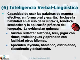 (6) Inteligencia Verbal-Lingüística
 Capacidad de usar las palabras de manera
efectiva, en forma oral y escrita. Incluye la
habilidad en el uso de la sintaxis, fonética,
semántica y la aplicación práctica del
lenguaje. La evidencian quienes:
 Gustan redactar historias, leer, jugar con
rimas, trabalenguas y aprenden con
facilidad otros idiomas.
 Aprenden leyendo, hablando, escribiendo,
discutiendo y debatiendo.
© Dr. Hugo A. Banda Gamboa - 2015 47
 