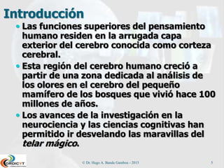 Introducción
 Las funciones superiores del pensamiento
humano residen en la arrugada capa
exterior del cerebro conocida como corteza
cerebral.
 Esta región del cerebro humano creció a
partir de una zona dedicada al análisis de
los olores en el cerebro del pequeño
mamífero de los bosques que vivió hace 100
millones de años.
 Los avances de la investigación en la
neurociencia y las ciencias cognitivas han
permitido ir desvelando las maravillas del
telar mágico.
© Dr. Hugo A. Banda Gamboa - 2015 5
 