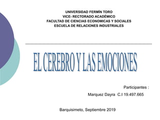 UNIVERSIDAD FERMÍN TORO
VICE- RECTORADO ACADÉMICO
FACULTAD DE CIENCIAS ECONOMICAS Y SOCIALES
ESCUELA DE RELACIONES INDUSTRIALES
Participantes :
Marquez Dayra C.I 19.497.665
Barquisimeto, Septiembre 2019
 