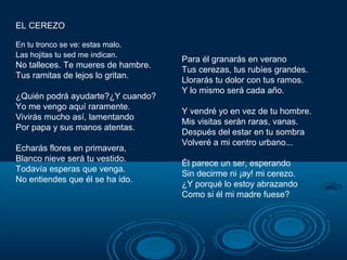 EL CEREZO

En tu tronco se ve: estas malo.
Las hojitas tu sed me indican.
                                    Para él granarás en verano
No talleces. Te mueres de hambre.
                                    Tus cerezas, tus rubíes grandes.
Tus ramitas de lejos lo gritan.
                                    Llorarás tu dolor con tus ramos.
                                    Y lo mismo será cada año.
¿Quién podrá ayudarte?¿Y cuando?
Yo me vengo aquí raramente.
                                    Y vendré yo en vez de tu hombre.
Vivirás mucho así, lamentando
                                    Mis visitas serán raras, vanas.
Por papa y sus manos atentas.
                                    Después del estar en tu sombra
                                    Volveré a mi centro urbano...
Echarás flores en primavera,
Blanco nieve será tu vestido.
                                    Él parece un ser, esperando
Todavía esperas que venga.
                                    Sin decirme ni ¡ay! mi cerezo.
No entiendes que él se ha ido.
                                    ¿Y porqué lo estoy abrazando
                                    Como si él mi madre fuese?
 