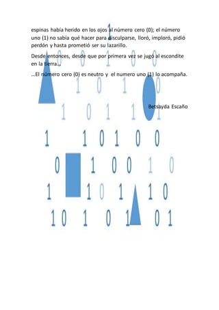 espinas había herido en los ojos al número cero (0); el número
uno (1) no sabía qué hacer para disculparse, lloró, imploró, pidió
perdón y hasta prometió ser su lazarillo.
Desde entonces, desde que por primera vez se jugó al escondite
en la tierra...
...El número cero (0) es neutro y el numero uno (1) lo acompaña.
Betsayda Escaño
 