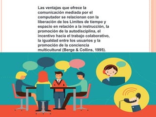 Las ventajas que ofrece la
comunicación mediada por el
computador se relacionan con la
liberación de los Limites de tiempo y
espacio en relación a la instrucción, la
promoción de la autodisciplina, el
incentivo hacia el trabajo colaborativo,
la igualdad entre los usuarios y la
promoción de la conciencia
multicultural (Berge & Collins, 1995).
 