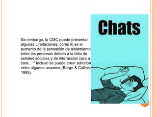 Sin embargo, la CMC puede presentar
algunas Limitaciones, como l0 es el
aumento de la sensación de aislamiento
entre las personas debido a la falta de
señales sociales y de interacción cara a
cara. , '" Incluso se puede crear adicción
entre algunos usuarios (Berge & Collins,
1995).
 