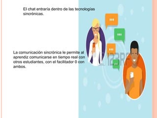 EI chat entraría dentro de las tecnologías
sincrónicas.
La comunicación sincrónica le permite al
aprendiz comunicarse en tiempo real con
otros estudiantes, con el facilitador 0 con
ambos.
 
