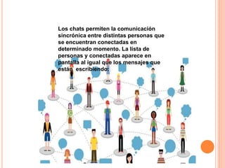 Los chats permiten la comunicación
sincrónica entre distintas personas que
se encuentran conectadas en
determinado momento. La lista de
personas y conectadas aparece en
pantalla al igual que los mensajes que
están escribiendo.
 