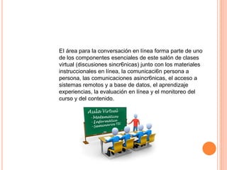 EI área para la conversación en línea forma parte de uno
de los componentes esenciales de este salón de clases
virtual (discusiones sincr6nicas) junto con los materiales
instruccionales en línea, la comunicaci6n persona a
persona, las comunicaciones asincr6nicas, el acceso a
sistemas remotos y a base de datos, el aprendizaje
experiencias, la evaluación en línea y el monitoreo del
curso y del contenido.
 