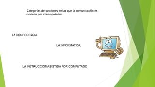Categorías de funciones en las que la comunicación es
mediada por el computador.
LA CONFERENCIA
LA INFORMATICA,
LA INSTRUCCIÓN ASISTIDA POR COMPUTADO
 
