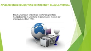 APLICACIONES EDUCATIVAS DE INTERNET: EL AULA VIRTUAL
EI aula virtual es un ambiente de enseñanza-aprendizaje
localizado dentro de un sistema de comunicación mediado por
el computador (Starr, 1995).
 