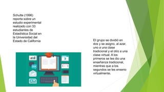 Schutte (1996)
reporta sobre un
estudio experimental
realizado con 33
estudiantes de
Estadística Social en
la Universidad del
Estado de California EI grupo se dividió en
dos y se asigno, al azar,
uno a una clase
tradicional y el otro a una
clase virtual. A los
primeros se Ies dio una
enseñanza tradicional,
mientras que a los
segundos se les enserio
virtualmente.
 