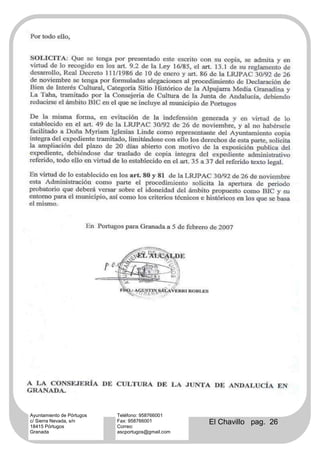 Ayuntamiento de Pórtugos   Teléfono: 958766001
c/ Sierra Nevada, s/n
18415 Pórtugos
                           Fax: 958766001
                           Correo:
                                                   El Chavillo pag. 26
Granada                    ascportugos@gmail.com
 