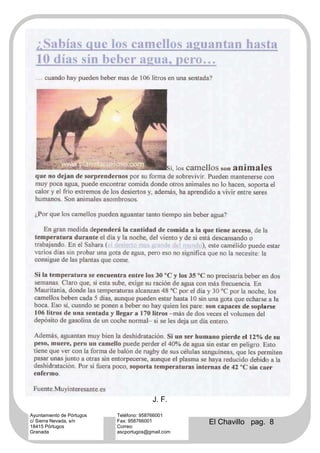 J. F.
Ayuntamiento de Pórtugos   Teléfono: 958766001
c/ Sierra Nevada, s/n
18415 Pórtugos
                           Fax: 958766001
                           Correo:
                                                   El Chavillo pag. 8
Granada                    ascportugos@gmail.com
 