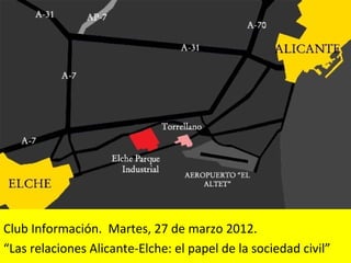 Club Información. Martes, 27 de marzo 2012.
“Las relaciones Alicante-Elche: el papel de la sociedad civil”
 