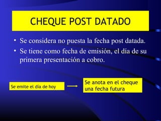 CHEQUE POST DATADO
• Se considera no puesta la fecha post datada.
• Se tiene como fecha de emisión, el día de su
primera presentación a cobro.
Se emite el día de hoy
Se anota en el cheque
una fecha futura
 