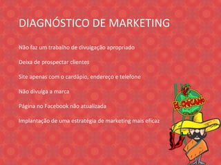 DIAGNÓSTICO DE MARKETING Não faz um trabalho de divulgação apropriado Deixa de prospectar clientes Site apenas com o cardápio, endereço e telefone Não divulga a marca Página no Facebook não atualizada Implantação de uma estratégia de marketing mais eficaz 