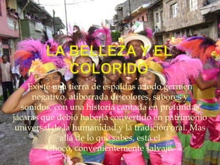 Existe una tierra de espaldas a todo germen negativo, atiborrada de colores, sabores y sonidos, con una historia cantada en profundas jácaras que debió haberla convertido en patrimonio universal de la humanidad y la tradición oral. Mas allá de lo que sabes, está el Chocó, convenientemente salvaje..La belleza y el colorido