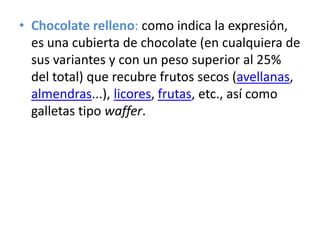 Chocolate relleno: como indica la expresión, es una cubierta de chocolate (en cualquiera de sus variantes y con un peso superior al 25% del total) que recubre frutos secos (avellanas, almendras...), licores, frutas, etc., así como galletas tipo waffer.
